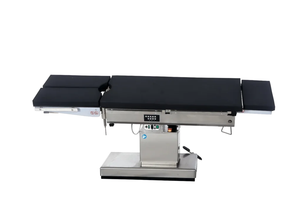 A modern surgical operating table with adjustable sections and control buttons, designed for medical and surgical procedures.