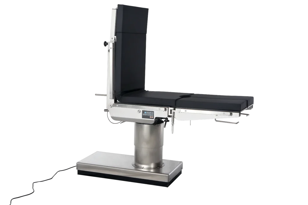 A modern surgical operating table with a sleek stainless steel base and black cushioned adjustable sections, designed for medical procedures.