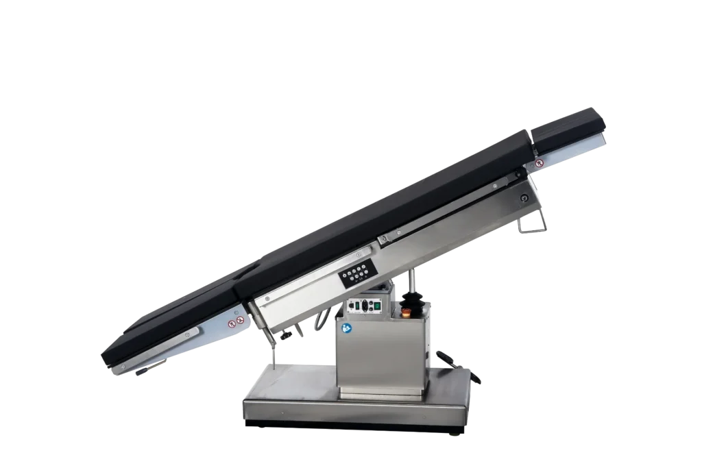 Sleek surgical operating table with adjustable tilt, black cushioned top, and metal base featuring control panel and levers.